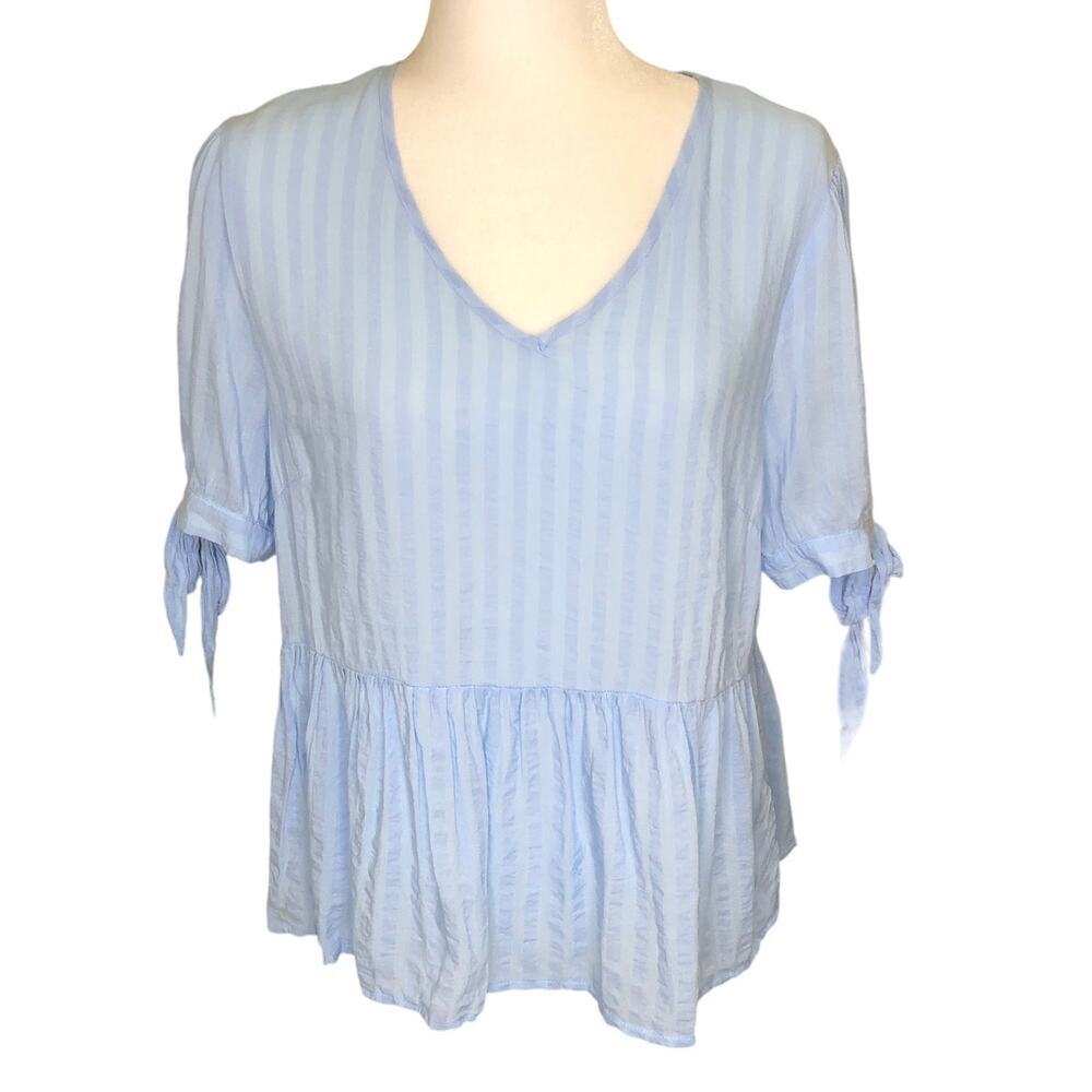 Versona Baby Blue Peplum V-Neck Tie Sleeve Lightweight Feminine Blouse
